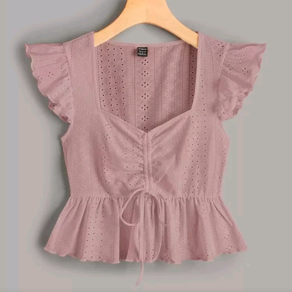 Women Butterfly Sleeve Lettuce Trim Peplum Dusty Pink Boho Crop Top Size Small